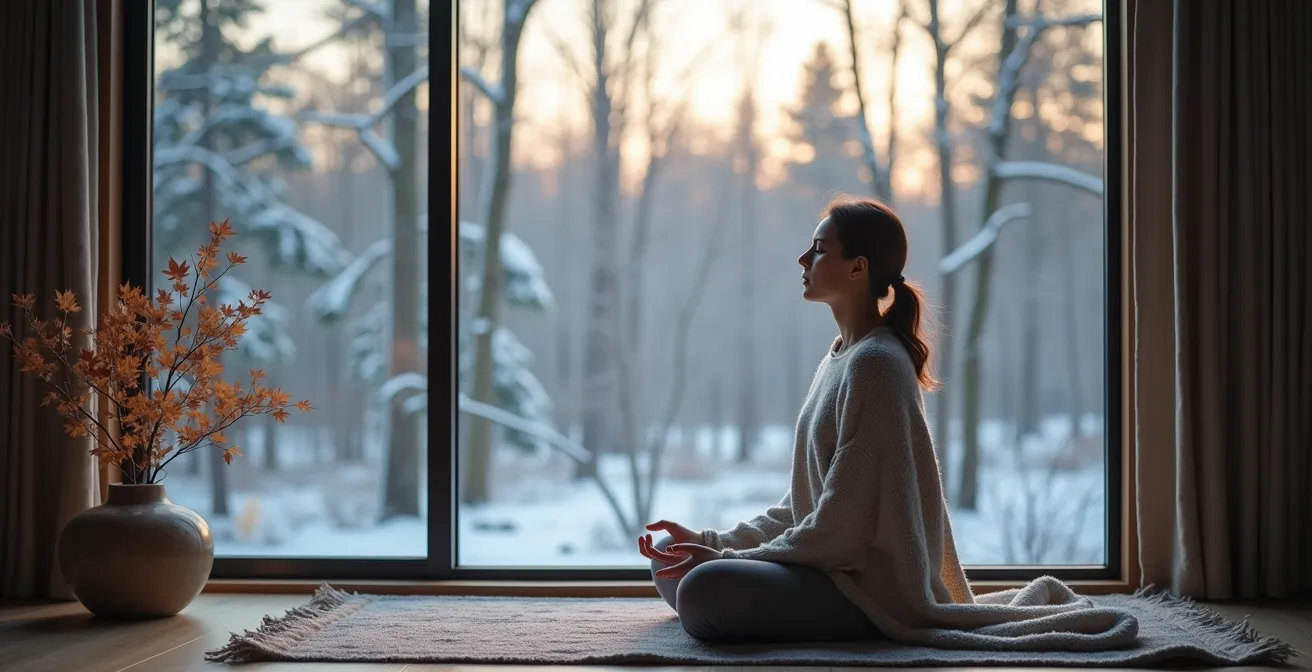 Personne pratiquant la cohérence cardiaque près d'une fenêtre avec vue sur la forêt canadienne