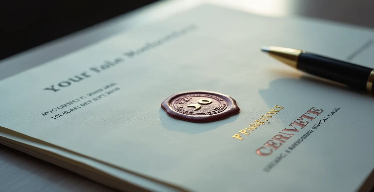 Vue macro détaillée d'un document de mission commerciale avec sceau officiel flou en arrière-plan