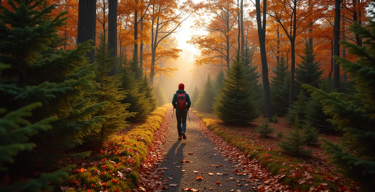 Vue large d'un sentier de randonnée en forêt canadienne avec une personne marchant au loin, entourée d'érables et de conifères