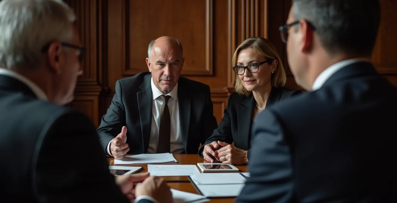 Portrait d'une réunion informelle de dirigeants dans un club privé montréalais historique avec architecture patrimoniale