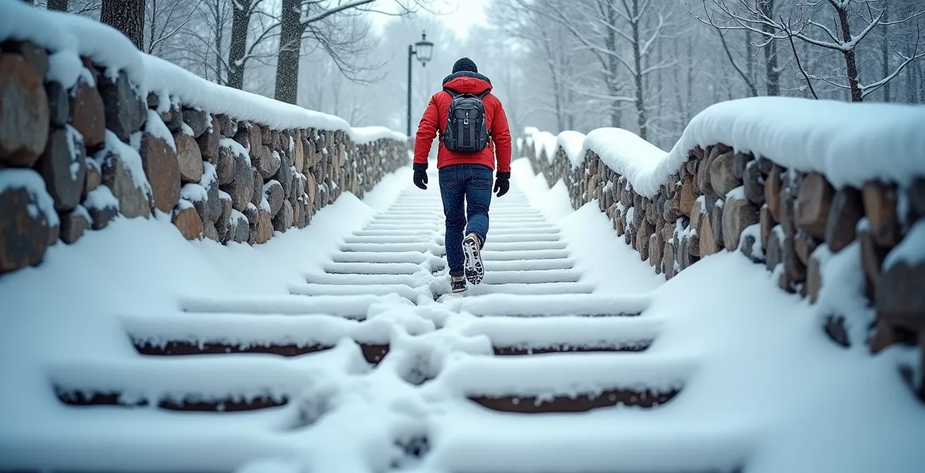 Personne vue de dos montant un escalier enneigé avec des traces de pas montrant plusieurs tentatives et détours avant d'atteindre le sommet