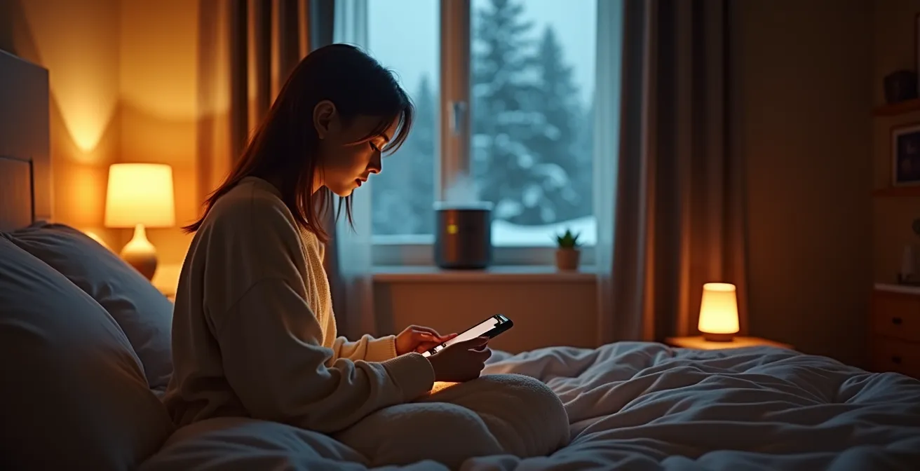 Chambre à coucher canadienne apaisante en hiver avec lumière douce et humidificateur