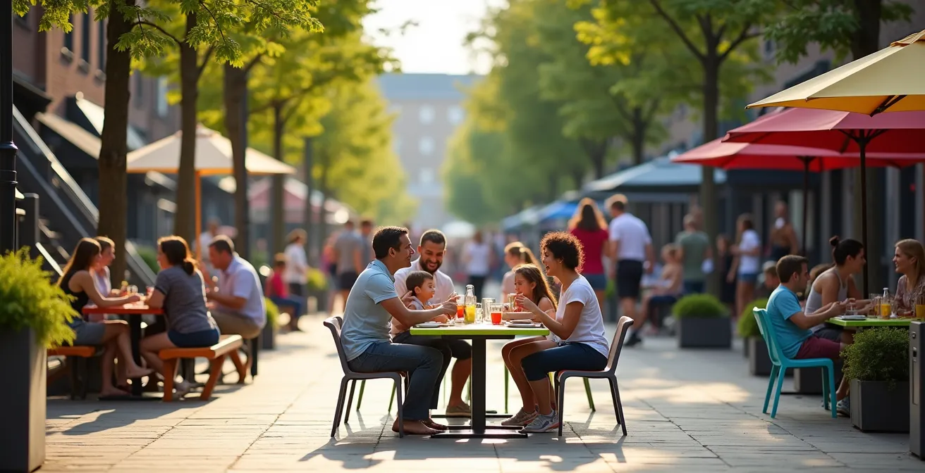 Vue aérienne d'une rue piétonne animée de Montréal avec mobilier urbain coloré