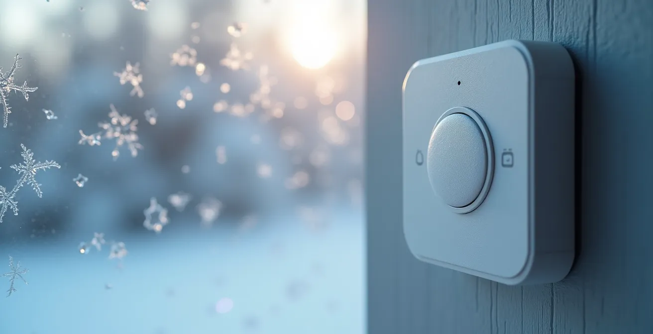 Vue macro d'un capteur de température près d'une fenêtre givrée avec paysage hivernal en arrière-plan