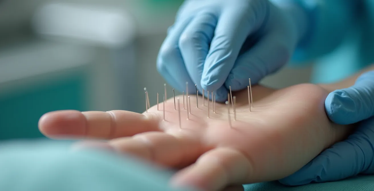 Acupuncteur certifié pratiquant une séance dans un cabinet médical canadien moderne