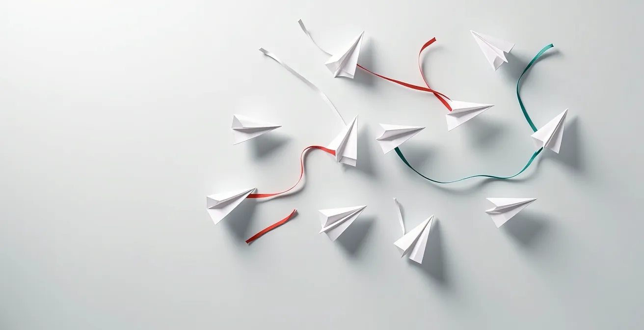 Composition minimaliste montrant des enveloppes stylisées s'envolant vers différentes directions sur une carte abstraite du Canada