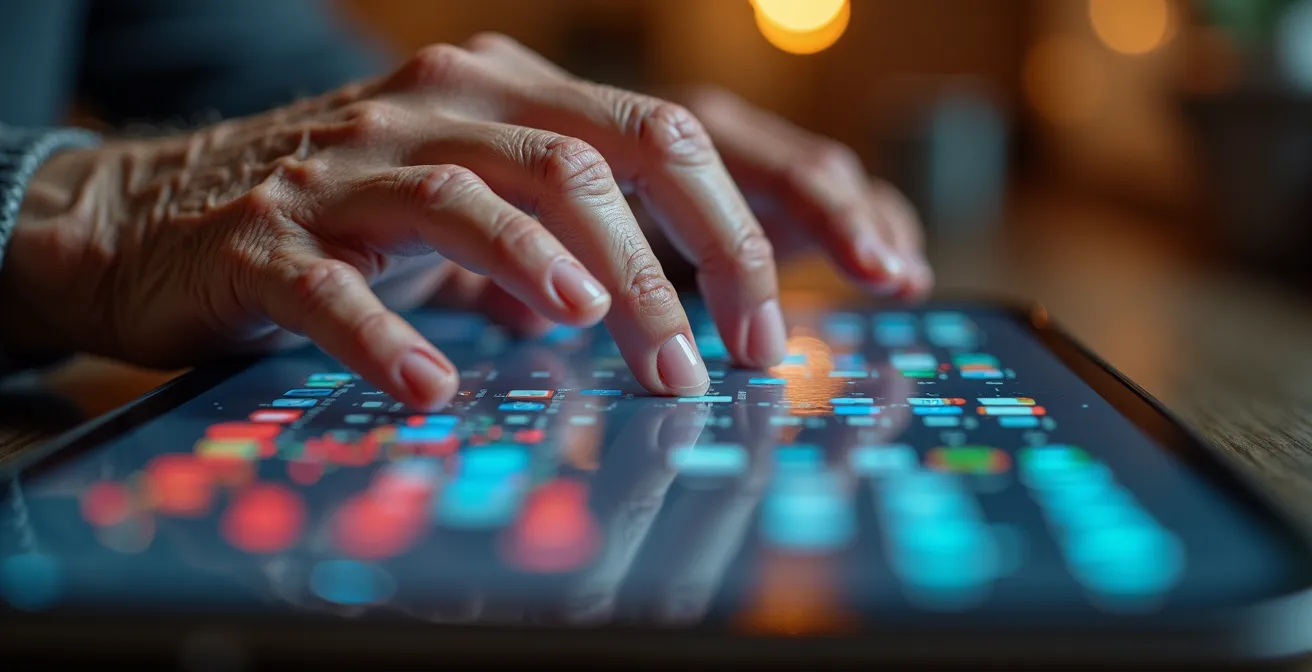 Détail macro d'une main âgée utilisant une tablette tactile moderne avec des applications de santé connectée