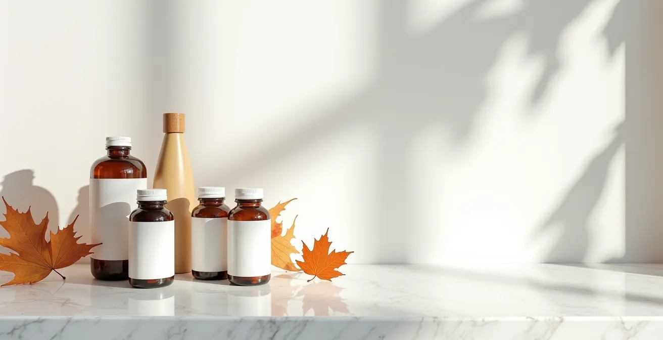 Arrangement de suppléments alimentaires naturels avec étiquettes NPN visibles dans un environnement canadien