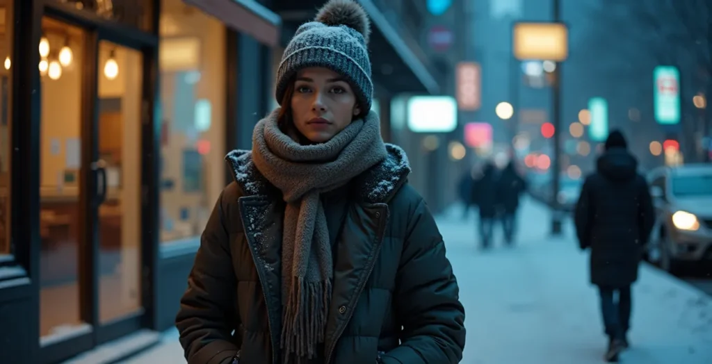 Un Montréalais bien emmitouflé avec la technique multicouche, marchant dans une rue enneigée avec en arrière-plan le réseau souterrain RESO illuminé. Un Montréalais bien emmitouflé avec la technique multicouche, marchant dans une rue enneigée avec en arrière-plan le réseau souterrain RESO illuminé.