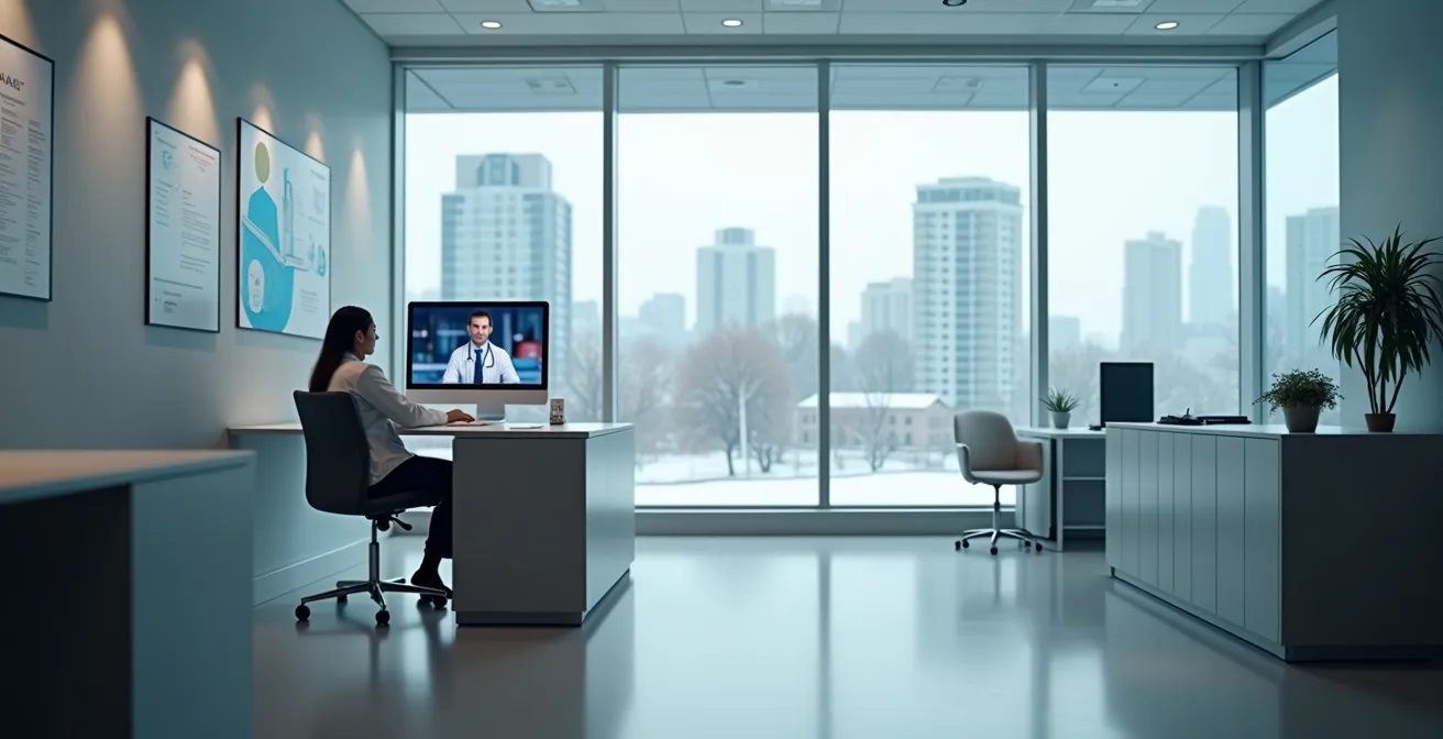Professionnel de santé en consultation vidéo depuis un bureau canadien moderne