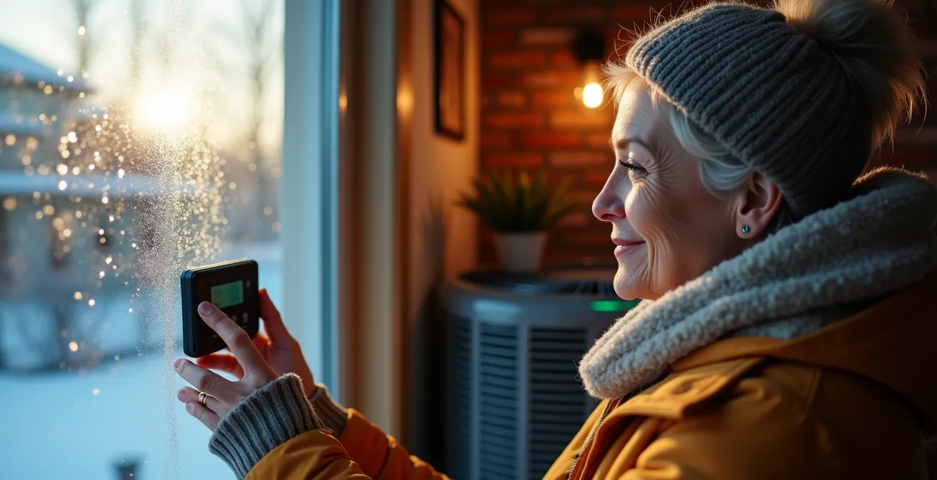 Thermopompe moderne installée sur une maison canadienne fonctionnant efficacement par grand froid hivernal