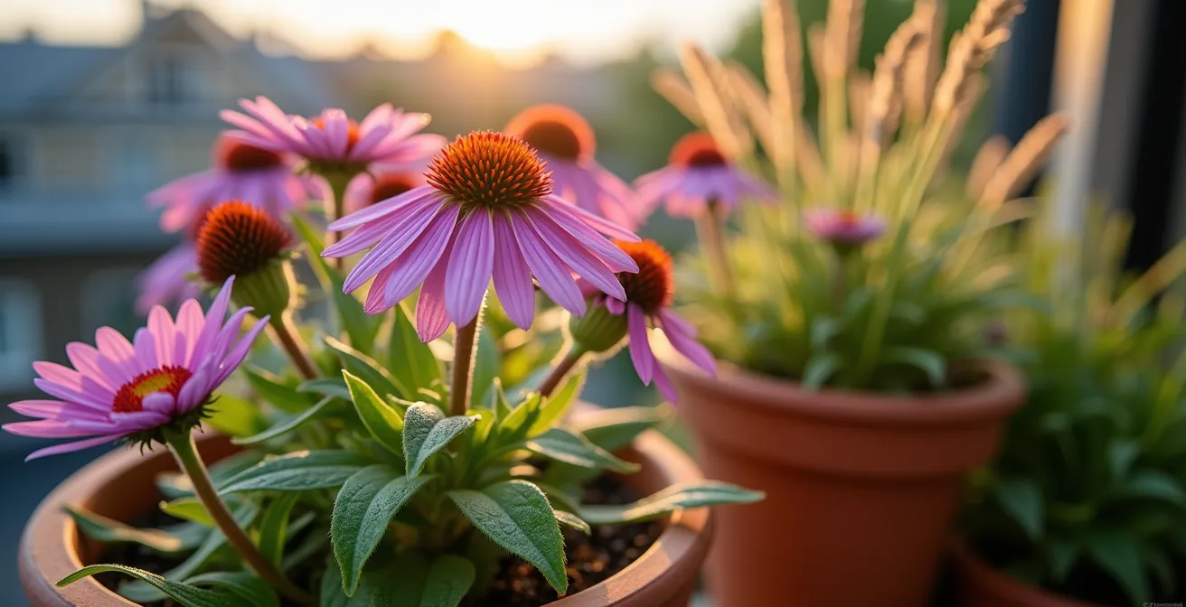 Gros plan sur une composition de plantes indigènes du Québec en pots sur un balcon incluant échinacées, monardes et graminées ornementales