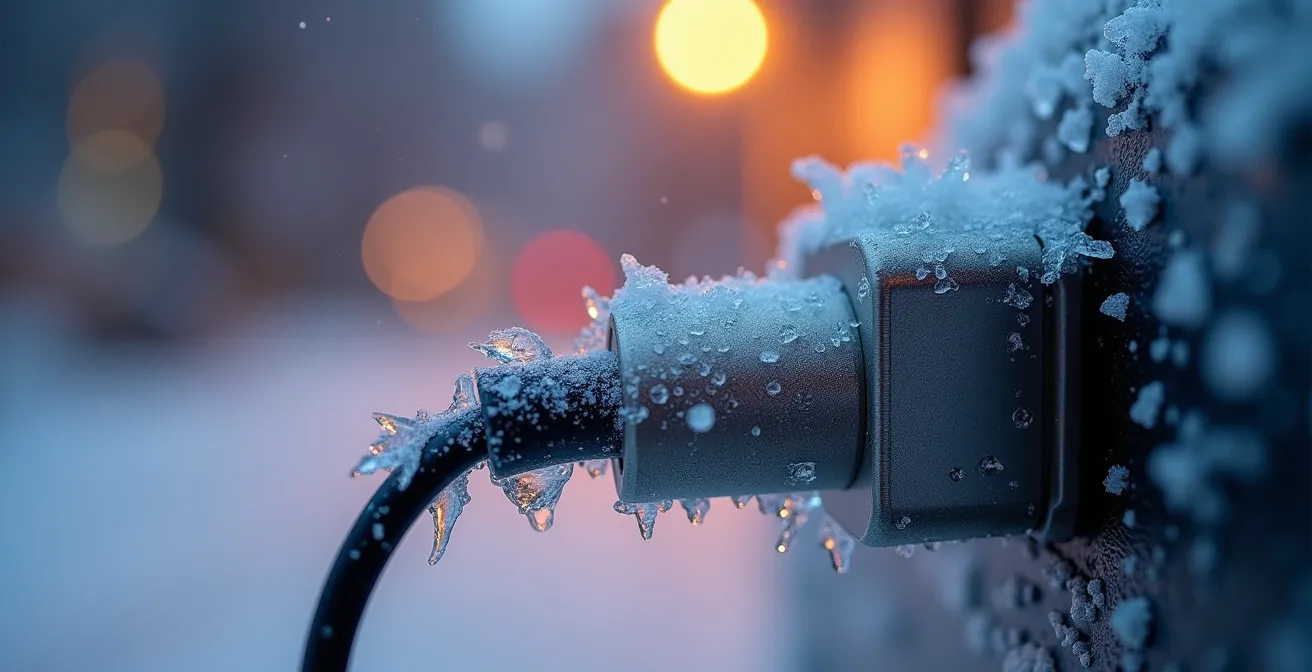 Véhicule électrique branché à une borne de recharge pendant une tempête de neige