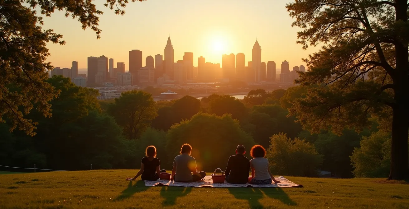 Vue spectaculaire du skyline de Montréal depuis un point d'observation élevé au coucher du soleil avec des pique-niqueurs au premier plan