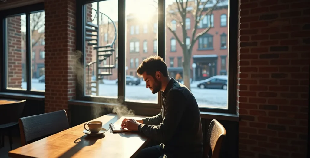 Entrepreneur québécois en pleine lecture dans un café montréalais typique Entrepreneur québécois en pleine lecture dans un café montréalais typique